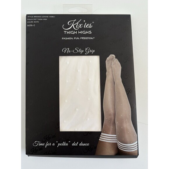 Kixies Sheer White Polka Dot Thigh Highs Stockings Tights No Slip Grip Size C - Picture 1 of 8
